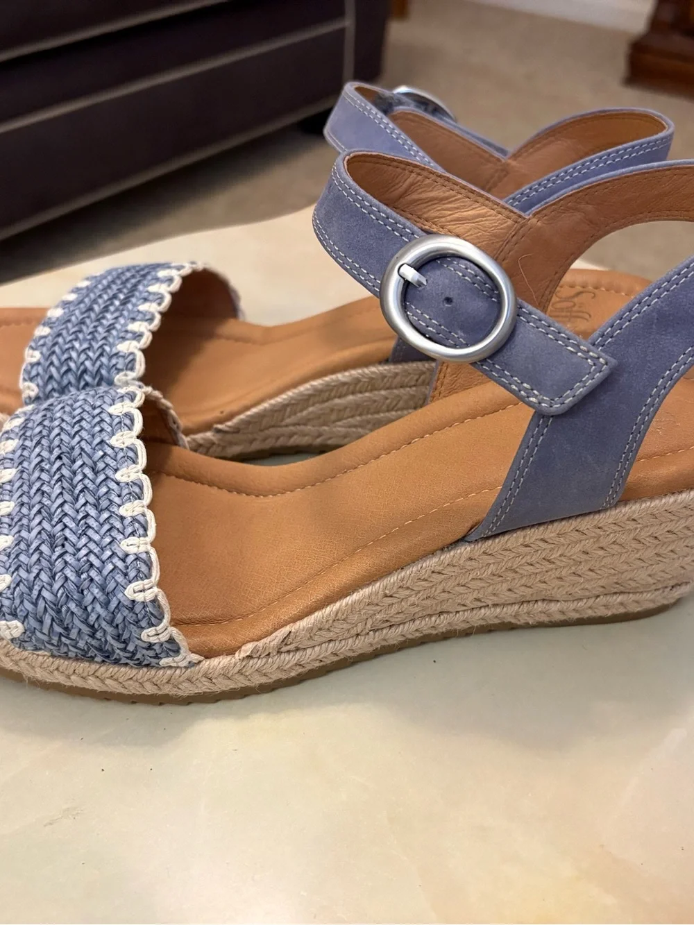 Sofft Inez Blue/White Leather Espadrille Wedge Strap Sandals Womens Sz 11